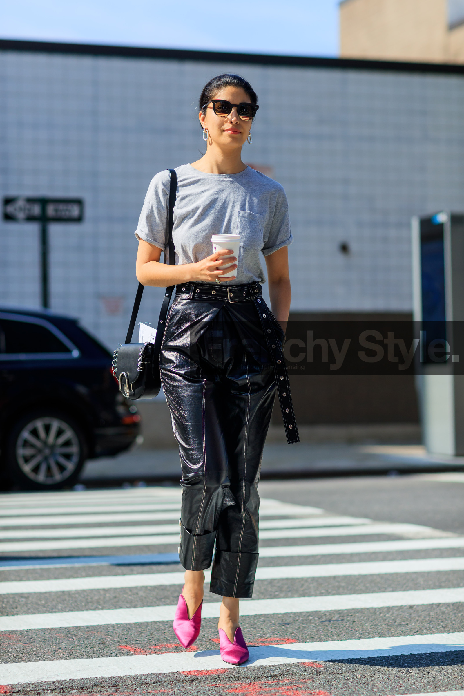 black bag, black pants, caroline issa, fashion week, frenchystyle, full length, FW, grey t shirt, high waist, jonathan paciullo, leather bag, leather pants, leather shoes, NEW YORK, NYFW, purple shoes, SPRING SUMMER 2018, SS 18, street style, sunglasses, trousers, vertical