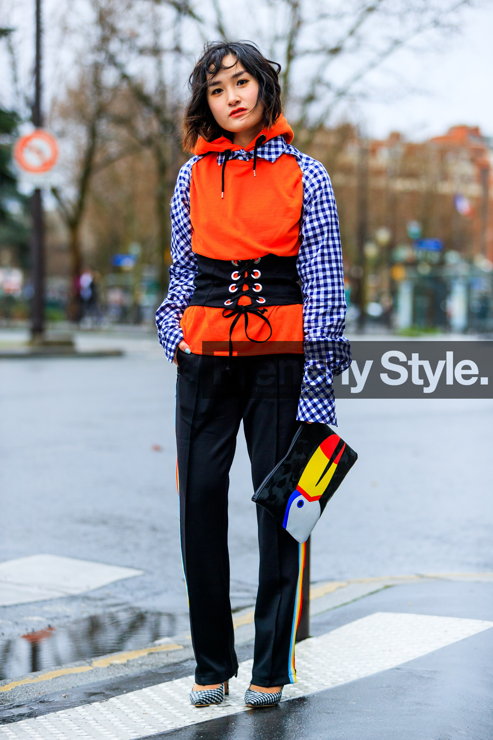 animal print, AUTUMN WINTER 2017-2018, AW 17-18, black bag, black belt, black pants, checked shirt, corset, FALL WINTER 2017-2018, fashion week, frenchystyle, full length, FW, FW 17-18, gingham, graphic shirt, hoodie, jonathan paciullo, leather bag, PARIS, PFW, plaid, printed bag, printed shirt, rainbow, red sweater, street style, striped pants, trousers, vertical