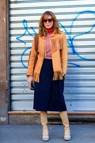 AUTUMN WINTER 2017-2018, AW 17-18, beige boots, beige jacket, ece sukan, FALL WINTER 2017-2018, fashion week, frenchystyle, fringes, full length, FW, FW 17-18, graphic sweater, high boots, jonathan paciullo, leather jacket, leather shoes, MFW, MILAN, navy skirt, printed sweater, red sweater, street style, striped sweater, suede shoes, sunglasses, vertical