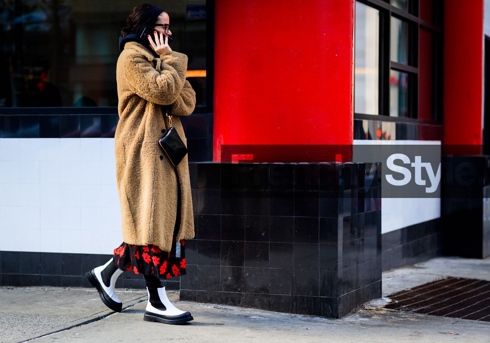 beige jacket, black bag, black skirt, black sweater, camel coat, céline, embroidered skirt, floral, flowers, Fur coat, graphic skirt, headband, hoodie, leather bag, leather shoes, printed skirt, shearling, sunglasses, white boots, street style, jonathan paciullo, FW, frenchystyle, fashion week, NYFW, NEW YORK, AUTUMN WINTER 2018-2019, AW 18-19, FALL WINTER 2018-2019, FW 18-19, atmosphere details, horizontal, full length, Lucy Chadwick