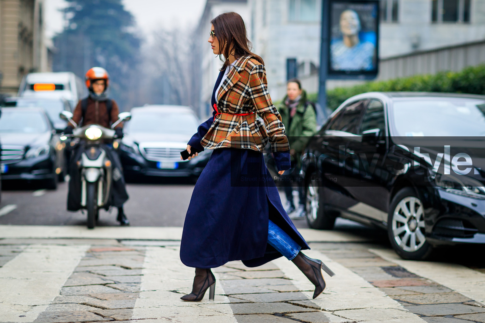 atmosphere details, AUTUMN WINTER 2017-2018, AW 17-18, blue denim, brown bag, checked jacket, earrings, FALL WINTER 2017-2018, fashion week, frenchystyle, full length, FW, FW 17-18, graphic coat, graphic jacket, high heels, horizontal, jeans, jonathan paciullo, leather backpack, leather bag, leather shoes, louis vuitton, MFW, MILAN, monogram, patricia manfield, plaid, printed bag, printed coat, printed jacket, street style, sunglasses, tartan, trousers, white t shirt