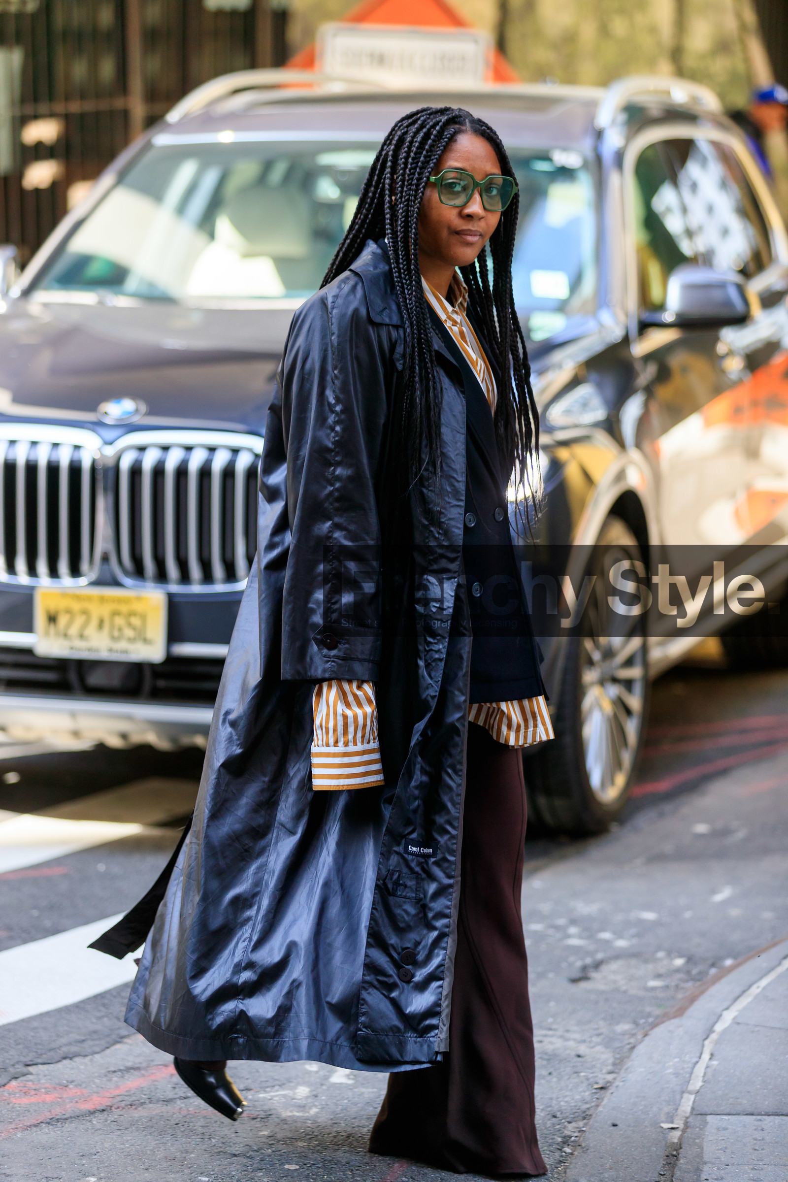 black leather trench coat, green sunglasses, striped shirt, white shirt, beige shirt, brown pants, flare pants, black jacket, fashion week, frenchystyle, FW, jonathan paciullo, street style, NYFW, NEW YORK, AUTUMN WINTER 2020-2021, FALL WINTER 2020-2021, FW 20-21, vertical, full length
