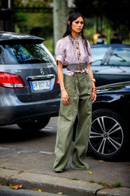 jade nguyen, kaki pants, loose pants, striped blouse, short sleeve blouse, belted blouse, hair details, make up, make up details, embroidered blouse, floral embroidered blouse, camel blouse, white blouse, brown leather belt, big belt, golden buckle belt, chloe blouse, chloe look, chloe pants, chloe belt, fashion week, frenchystyle, FW, jonathan paciullo, street style, PFW, PARIS, SPRING SUMMER 2021, SS 21, vertical, full length, model