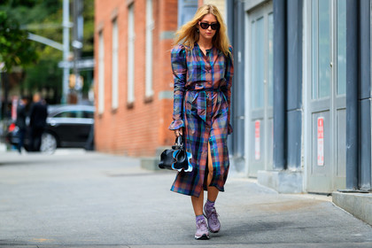 atmosphere details, black bag, checked dress, emili sindlev, fashion week, fendi, frenchystyle, full length, FW, graphic dress, horizontal, jonathan paciullo, leather bag, NEW YORK, nike, NYFW, pink sneakers, plaid, printed dress, purple dress, SPRING SUMMER 2018, SS 18, street style, sunglasses, tartan