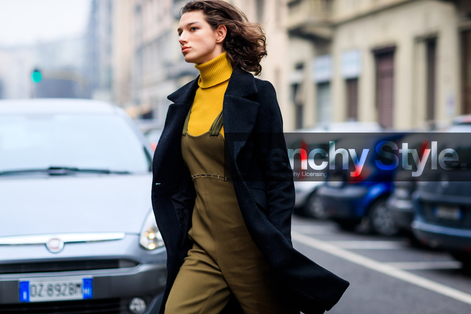 atmosphere details, AUTUMN WINTER 2017-2018, AW 17-18, black coat, detail, FALL WINTER 2017-2018, fashion week, frenchystyle, FW, FW 17-18, green jumpsuit, horizontal, jonathan paciullo, mckenna hellam, MFW, MILAN, model, overall, street style, trousers, yellow sweater
