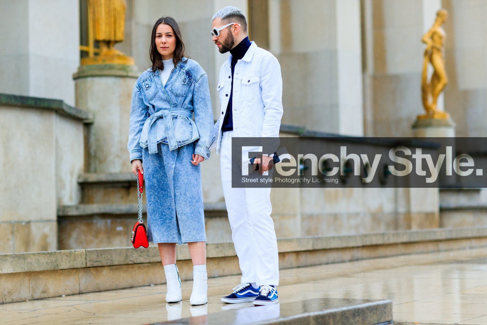 alice & j.s, atmosphere details, AUTUMN WINTER 2017-2018, AW 17-18, black sweater, blue denim, blue sneakers, denim jacket, denim pants, denim skirt, dyed hair, FALL WINTER 2017-2018, fashion week, frenchystyle, full length, FW, FW 17-18, high heels, horizontal, jeans, jonathan paciullo, leather shoes, PARIS, PFW, street style, sunglasses, trousers, vans, white boots, white denim, white jacket
