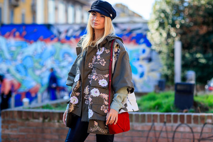 atmosphere details, AUTUMN WINTER 2017-2018, AW 17-18, beret, black pants, brown jacket, detail, embroidered jacket, embroideries, FALL WINTER 2017-2018, fashion week, floral, flower, frenchystyle, FW, FW 17-18, graphic jacket, horizontal, jonathan paciullo, leather bag, leather pants, MFW, MILAN, printed jacket, red bag, street style, trousers