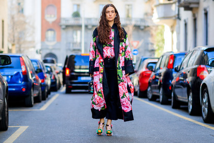 atmosphere details, AUTUMN WINTER 2017-2018, AW 17-18, black bag, black denim, black jacket, denim pants, embroidered shoes, erika boldrin, FALL WINTER 2017-2018, fashion week, floral, flower, flowers, frenchystyle, full length, FW, FW 17-18, graphic coat, graphic jacket, horizontal, jeans, jonathan paciullo, leather bag, leather shoes, MFW, MILAN, multicolor shoes, pink jacket, pink shirt, pink shoes, printed coat, printed jacket, printed shirt, robe, street style, trousers
