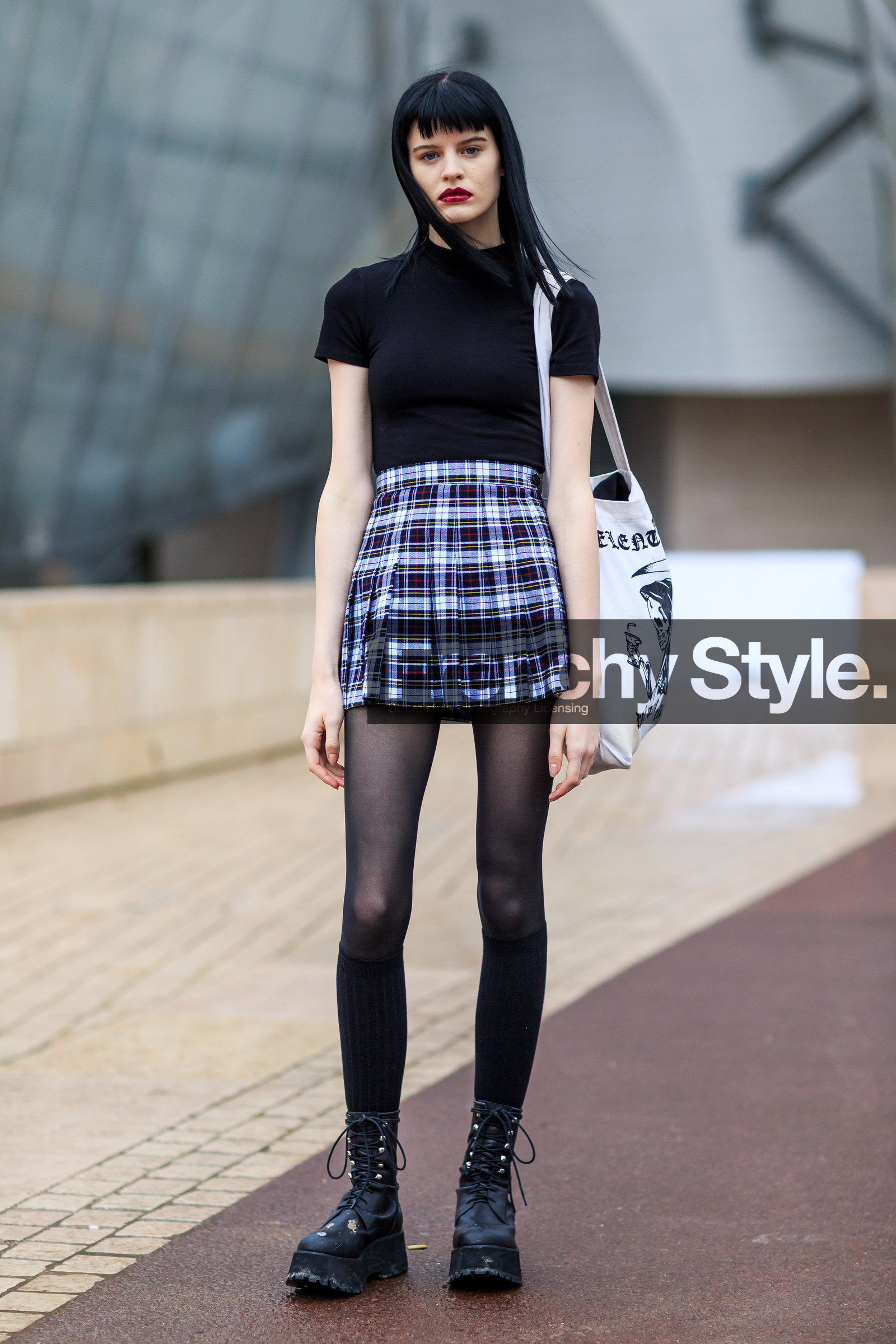 AUTUMN WINTER 2016-2017, AW 16-17, black boots, black socks, black top, black turtleneck, checked skirt, FALL WINTER 2016-2017, fashion week, frenchystyle, full length, FW, FW 16-17, graphic skirt, hannah elyse, high socks, jonathan paciullo, leather boots, model, PARIS, PFW, plaid, printed skirt, red lips, street style, striped skirt, tartan, tights, tote bag, vertical