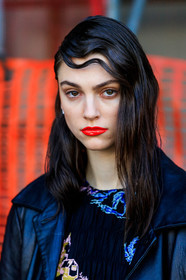 model, red lipstick, make up, make up details, hair details, black dress, black leather jacket, close up detail, fashion week, frenchystyle, FW, jonathan paciullo, street style, MFW, MILAN, AUTUMN WINTER 2020-2021, FALL WINTER 2020-2021, FW 20-21, vertical, atmosphere details, detail, portrait