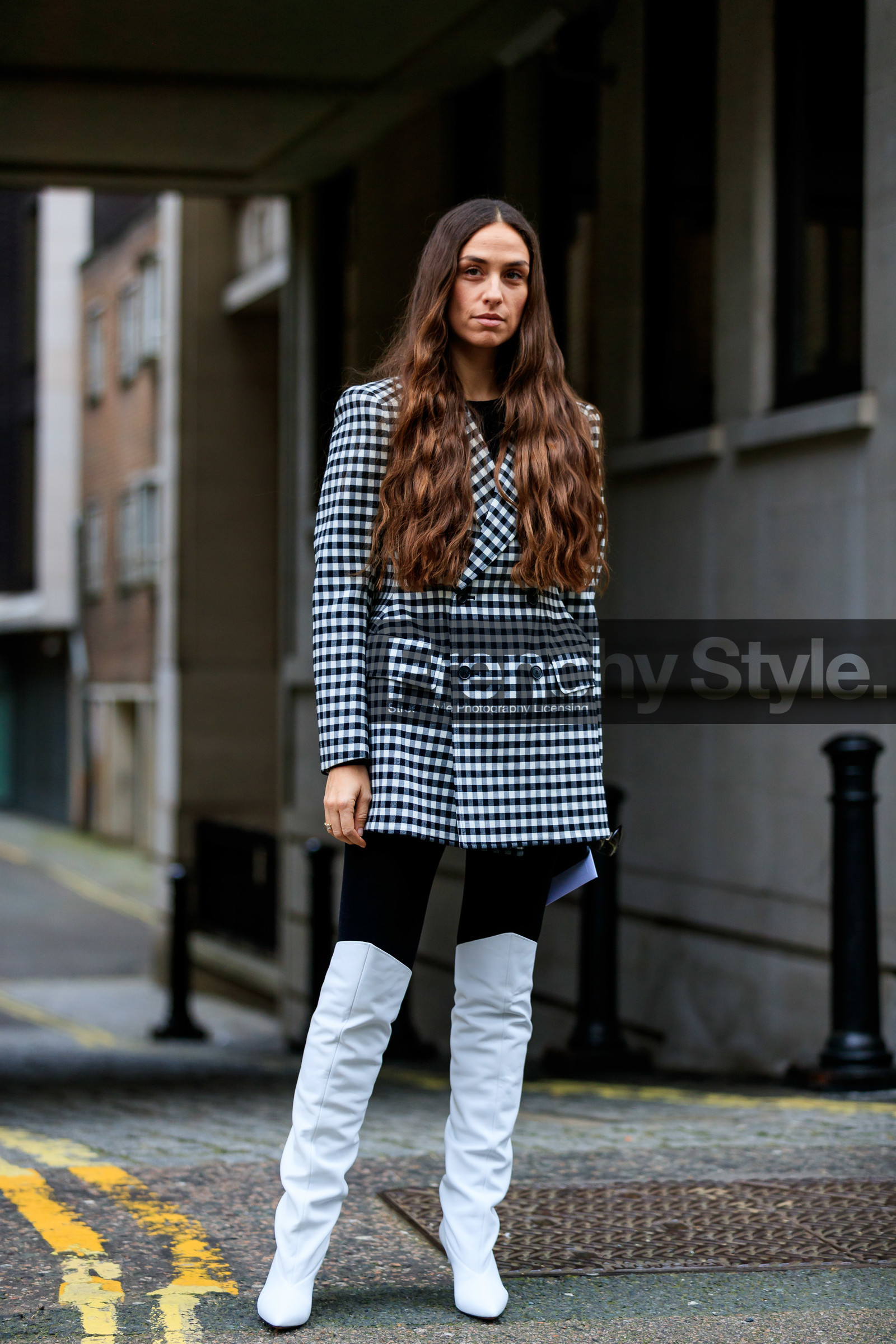 balenciaga, black and white, blazer, checked, erika boldrin, gingham, graphic jacket, high boots, high heels, leather shoes, plaid, printed jacket, white boots, street style, jonathan paciullo, FW, frenchystyle, fashion week, LFW, LONDON, AUTUMN WINTER 2019-2020, AW 19-20, FW 19-20, FALL WINTER 2019-2020, vertical, full length