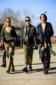 green cardigan, knitted cardigan, green pants, greend dress, knitted dress, biker jacket, leather jacket, black jacket, black sandals, black sunglasses, pilot sunglasses, pattent jacket, printed pants, brown pants, flowered pants, creole earrings, fashion week, frenchystyle, FW, jonathan paciullo, street style, vertical, full length