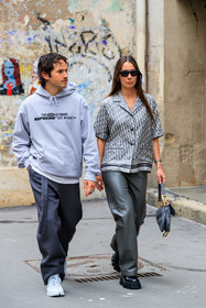 grey leather pants, loose pants, flare pants, black leather boots, big sole boots, laced boots, flat boots, dior bag, dior pants, dior saddle bag, dior total look, dior shirt, prada boots, prada shoes, grey bag, monogrammed bag, logo printed bag, grey shirt, grey hoodie, grey total look, short sleeves shirt, monogrammed shirt, silk shirt, logo printed shirt, eyecat sunglasses, celine sunglasses, black sunglasses, reebok sneakers, margiela shoes, margiela sneakers, blue sneakers, light blue sneakers, light blue leather sneakers, blue leather sneakers, black pants, letter printed hoodie, supreme hoodie, pyjama shirt, fashion week, frenchystyle, FW, jonathan paciullo, street style, PFW, PARIS, SPRING SUMMER 2022, SS 22, vertical, full length