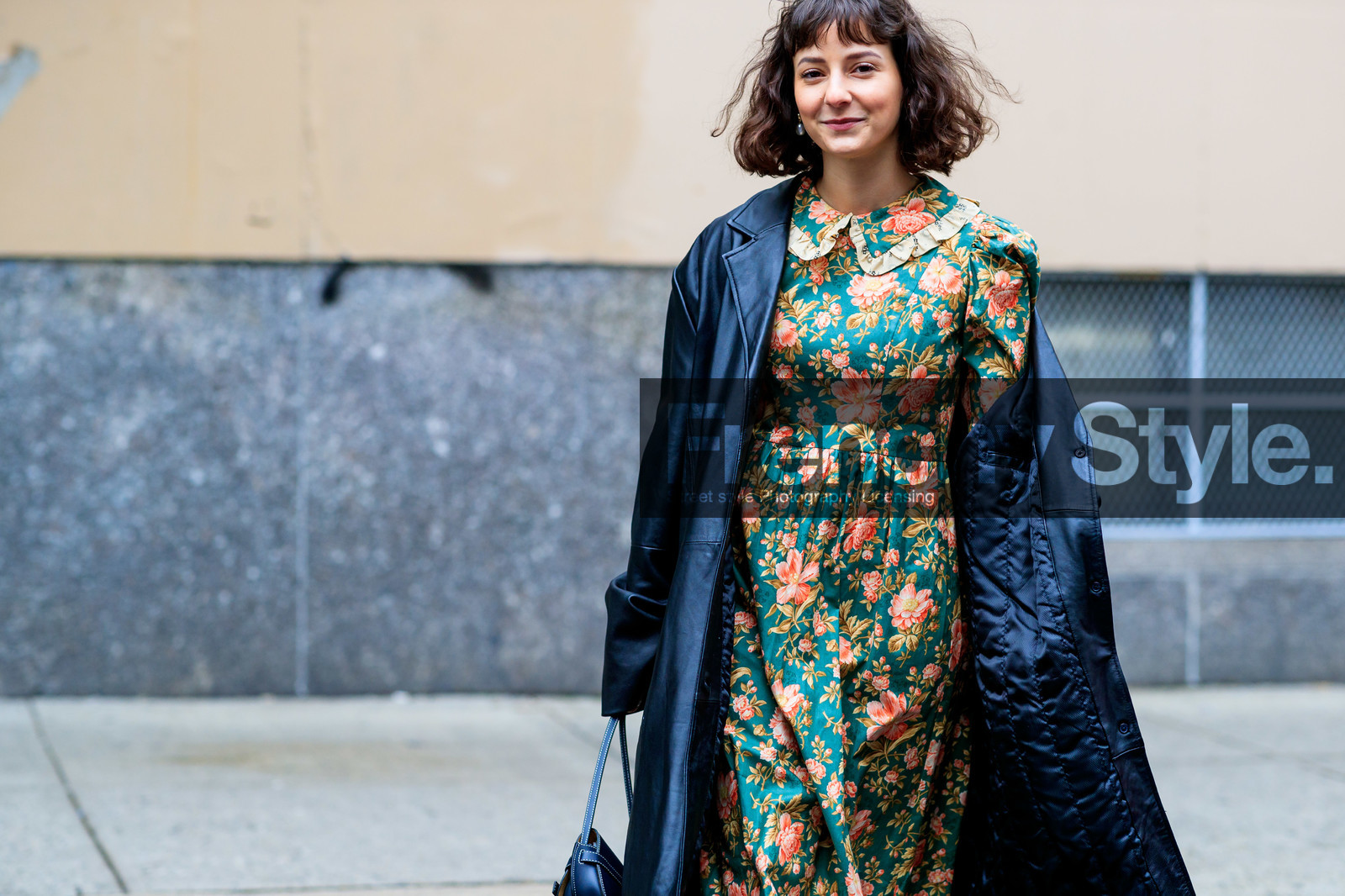 alyssa coscarelli, black coat, floral, flower, graphic dress, green dress, leather coat, loewe, off the shoulder, printed dress, frenchystyle, jonathan paciullo, street style, NYFW, NEW YORK, AUTUMN WINTER 2019-2020, AW 19-20, FALL WINTER 2019-2020, FW 19-20, fashion week, FW, atmosphere details, horizontal, detail