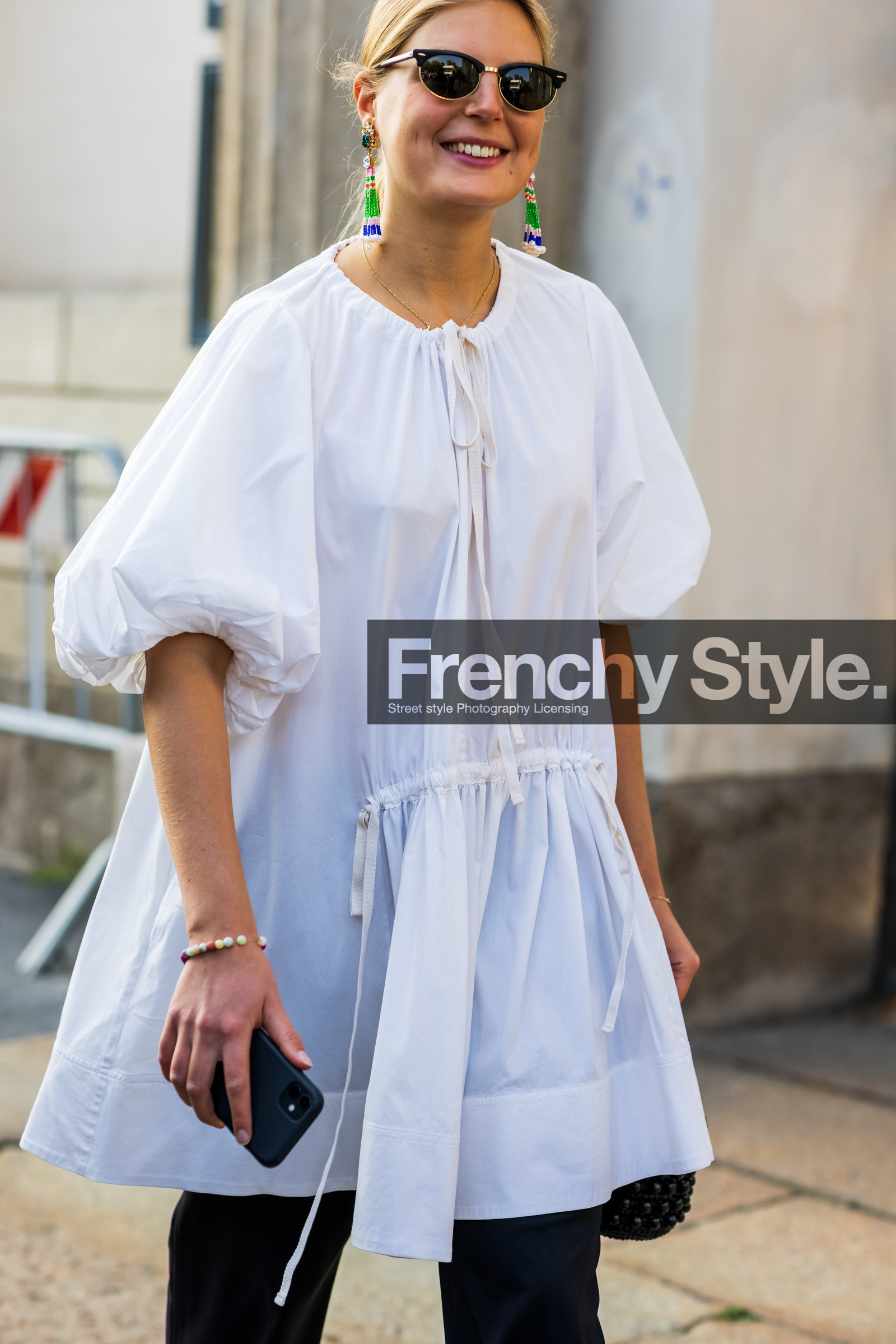 ballon sleeves, blouse, Claire Beermann, earrings, oversize sleeves, pearl earrings, sunglasses, white blouse, fashion week, frenchystyle, FW, jonathan paciullo, street style, MFW, MILAN, SPRING SUMMER 2022, SS 22, vertical, atmosphere details, detail