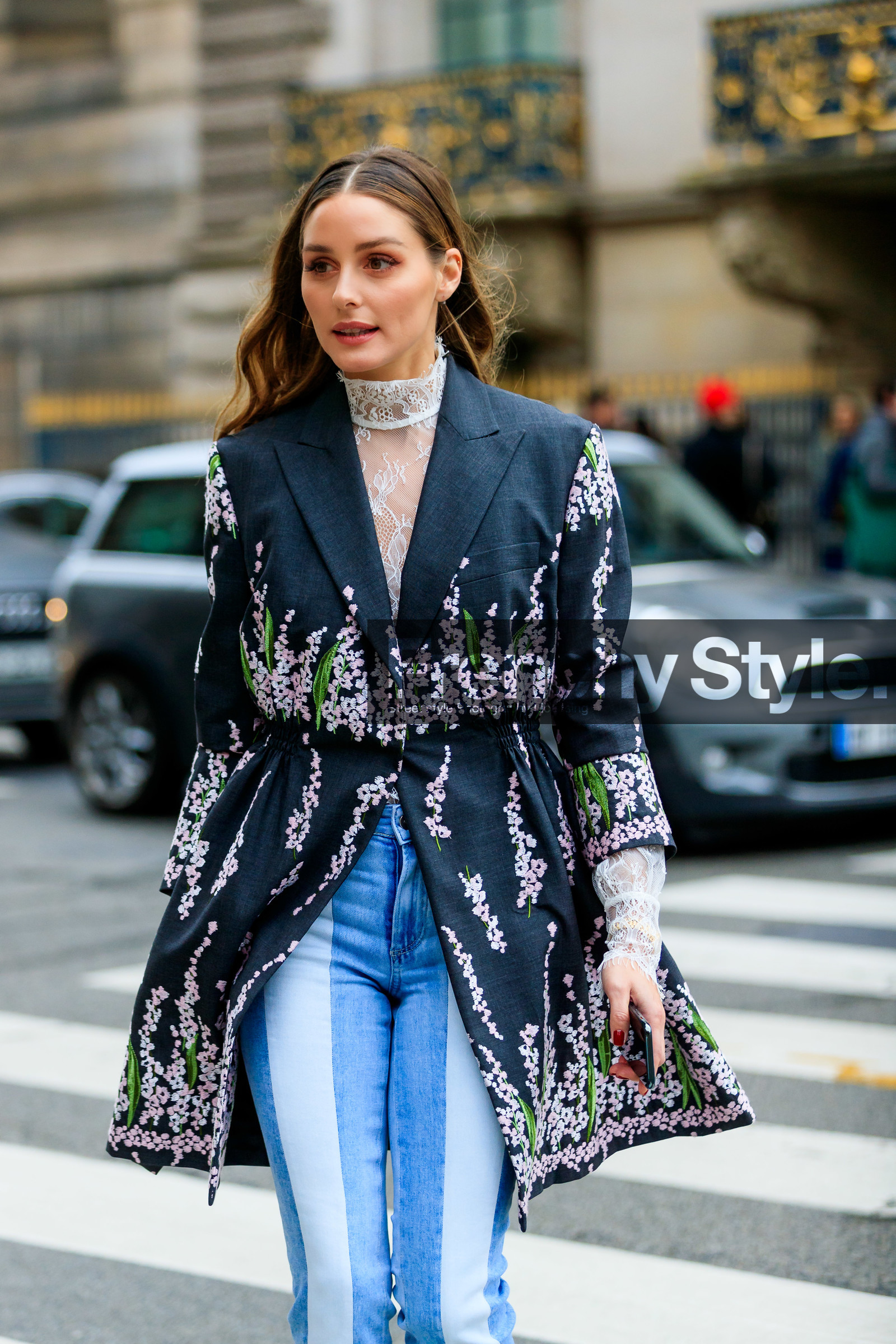 olivia palermo, dark grey jacket, lilac jacket, floral embroidered jacket, white blouse, high collar blouse, lace blouse, blue jeans, striped jeans, denim, light pink jacket, fashion week, frenchystyle, FW, jonathan paciullo, street style, PFW, PARIS, vertical, atmosphere details, detail