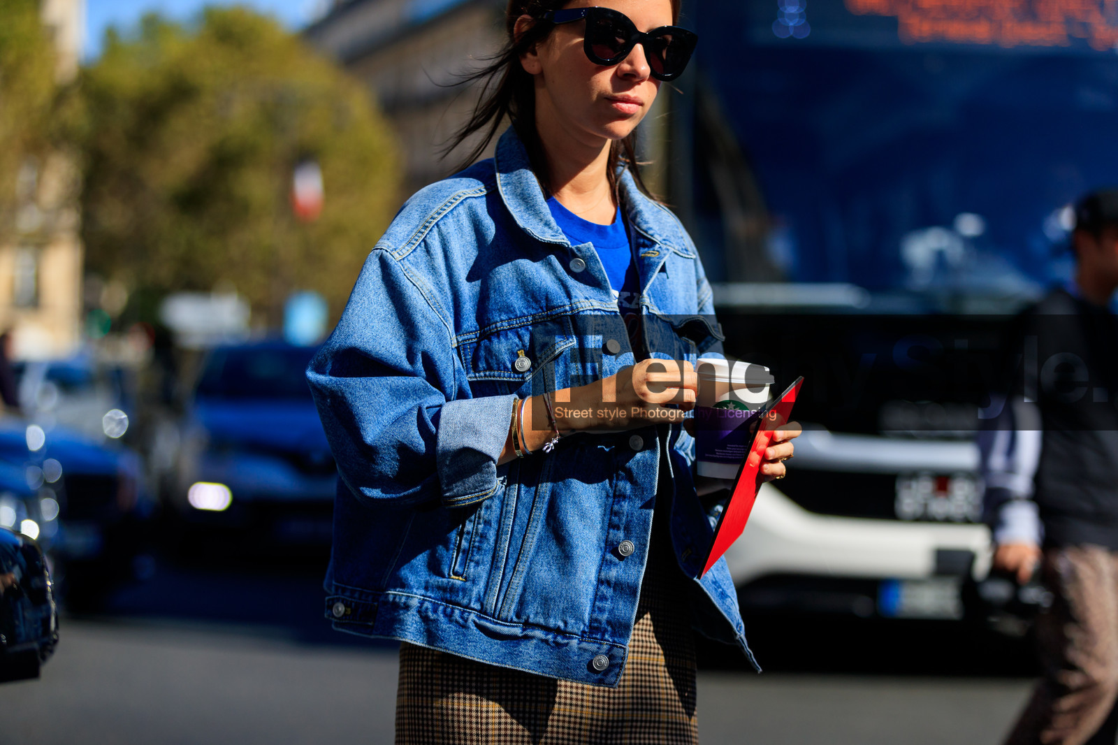 atmosphere details, balenciaga, blue denim, brown skirt, checked skirt, denim jacket, detail, fashion week, frenchystyle, FW, horizontal, jonathan paciullo, natasha goldenberg, PARIS, PFW, plaid, printed skirt, SPRING SUMMER 2017, SS 17, street style, striped skirt, sunglasses, tartan