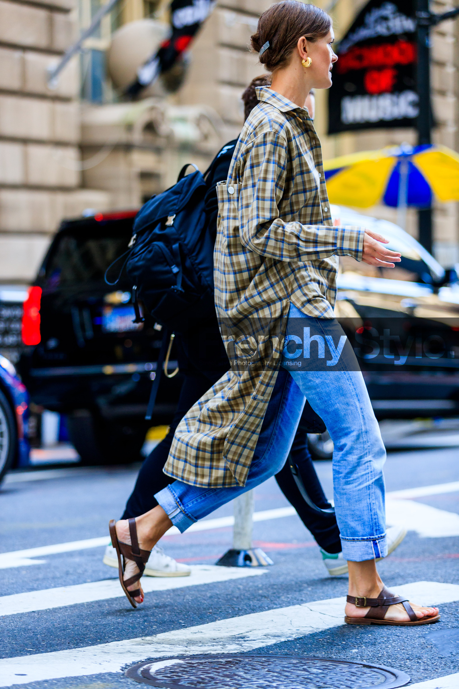 black bag, blue denim, brown sandals, checked shirt, denim pants, fashion week, frenchystyle, full length, FW, graphic shirt, jeans, jo ellison, jonathan paciullo, leather bag, NEW YORK, NYFW, plaid, printed shirt, SPRING SUMMER 2018, SS 18, street style, trousers, vertical