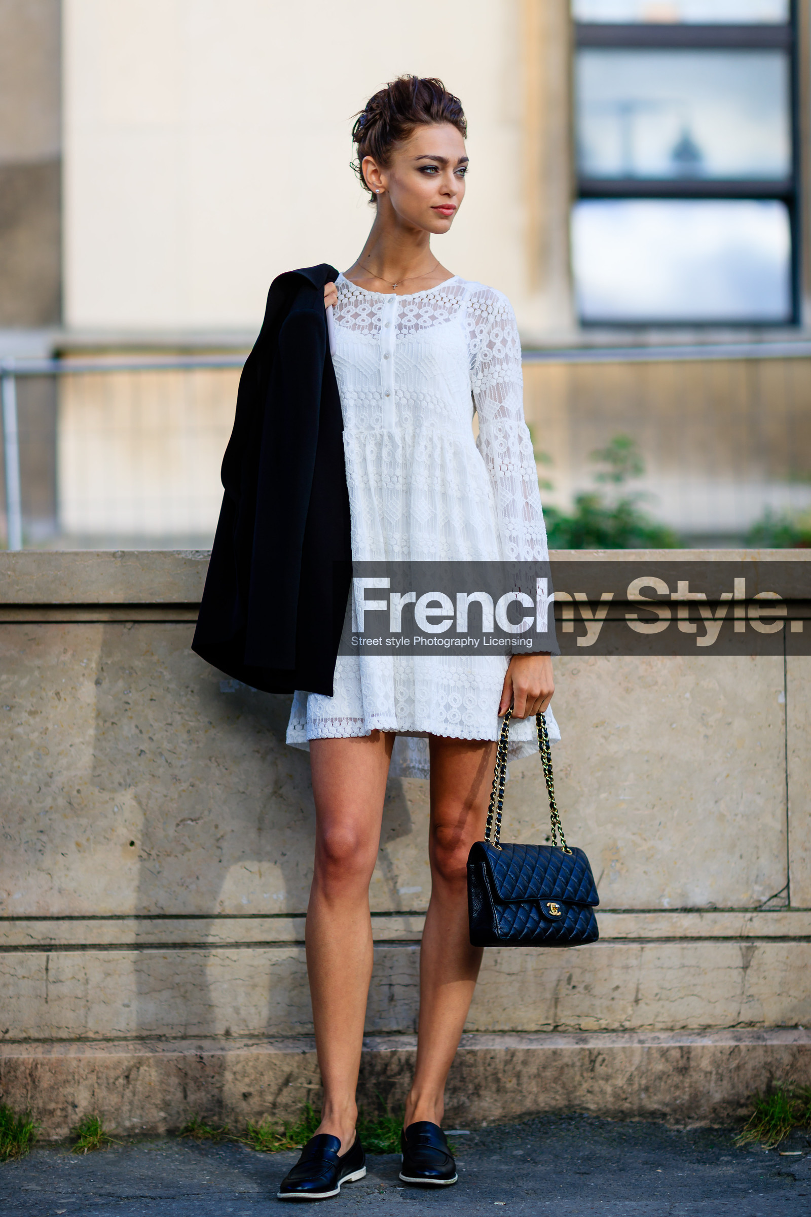 2.55 bag, AUTUMN WINTER 2016-2017, AW 16-17, black bag, black jacket, black shoes, chanel, earrings, FALL WINTER 2016-2017, fashion week, frenchystyle, full length, FW, FW 16-17, HAUTE COUTURE, jonathan paciullo, lace dress, leather bag, leather shoes, MENSWEAR, model, over the shoulder, PARIS, pearls, PFW, pulled back hair, street style, vertical, white dress, zhenya katava