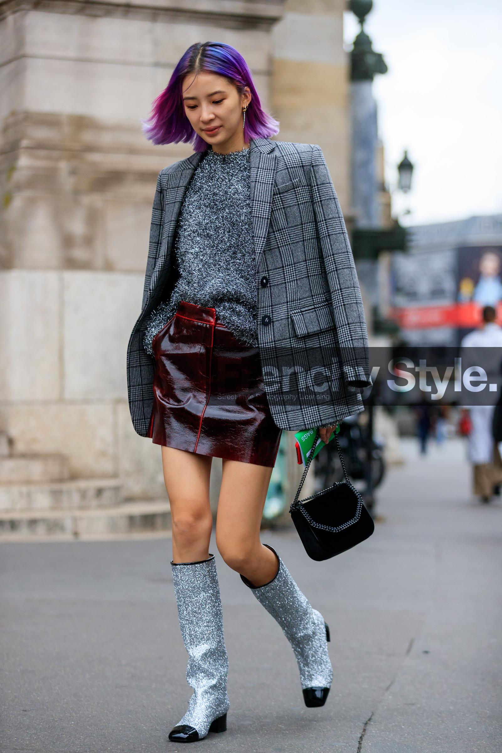 black bag, blazer, bordeaux, burgundy, chanel, checked jacket, dyed hair, fashion week, frenchystyle, full length, FW, glitter, graphic jacket, grey jacket, grey sweater, high boots, high heels, jonathan paciullo, leather bag, leather shoes, leather skirt, over the shoulder, PARIS, PFW, plaid, printed jacket, purple hair, red skirt, sequined boots, shiny boots, silver shoes, SPRING SUMMER 2018, SS 18, street style, vertical, irene kim