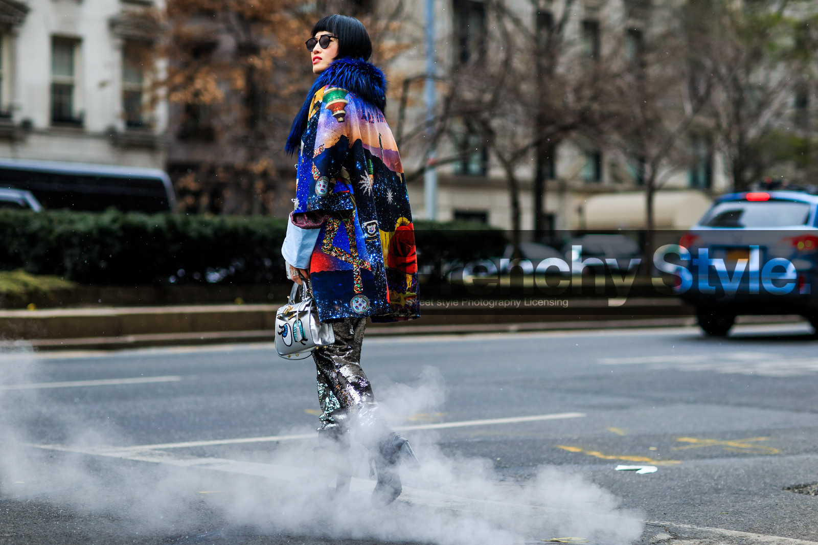 atmosphere details, AUTUMN WINTER 2016-2017, AW 16-17, black boots, blue coat, blue fur, embroidered bag, embroidered coat, fashion week, frenchystyle, full length, fun bag, fur collar, FW, FW 16-17, glitter, high heels, horizontal, jonathan paciullo, leather bag, leather boots, metallic bag, multicolor, multicolor bag, NEW YORK, NYFW, printed coat, sequined pants, silver bag, silver pants, street style, woman