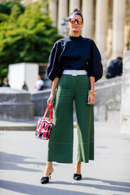 black mules, black top, bracelet, fashion week, frenchystyle, full length, FW, giovanna battaglia, graphic bag, green pants, high heels, jonathan paciullo, leather bag, leather belt, leather shoes, message, PARIS, PFW, red bag, SPRING SUMMER 2017, SS 17, street style, sunglasses, trousers, vertical, white belt, wide pants