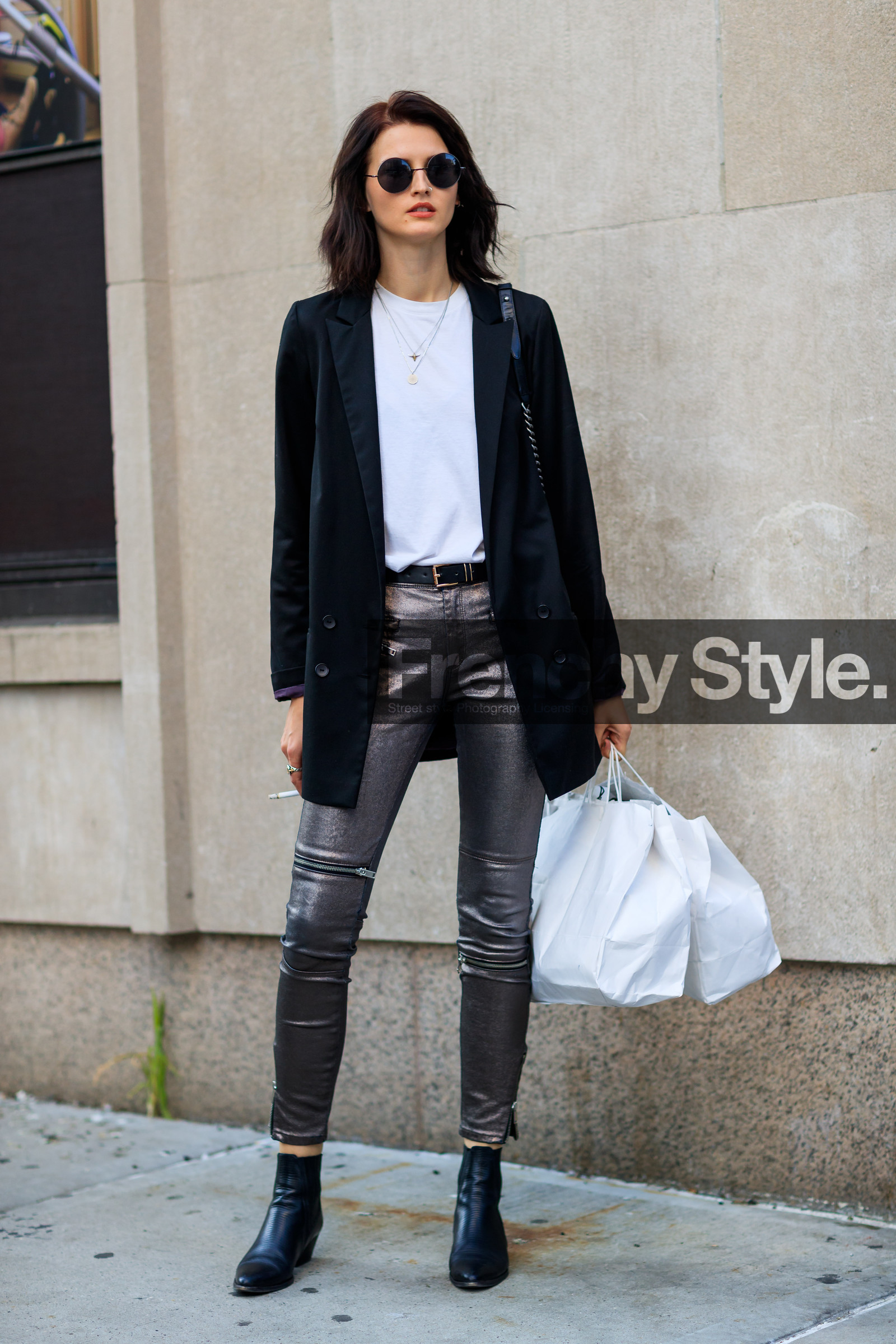 black jacket, black shoes, blazer, fashion week, frenchystyle, full length, FW, high heels, jonathan paciullo, leather shoes, model, NEW YORK, NYFW, silver pants, SPRING SUMMER 2018, SS 18, street style, sunglasses, trousers, vertical, white t shirt