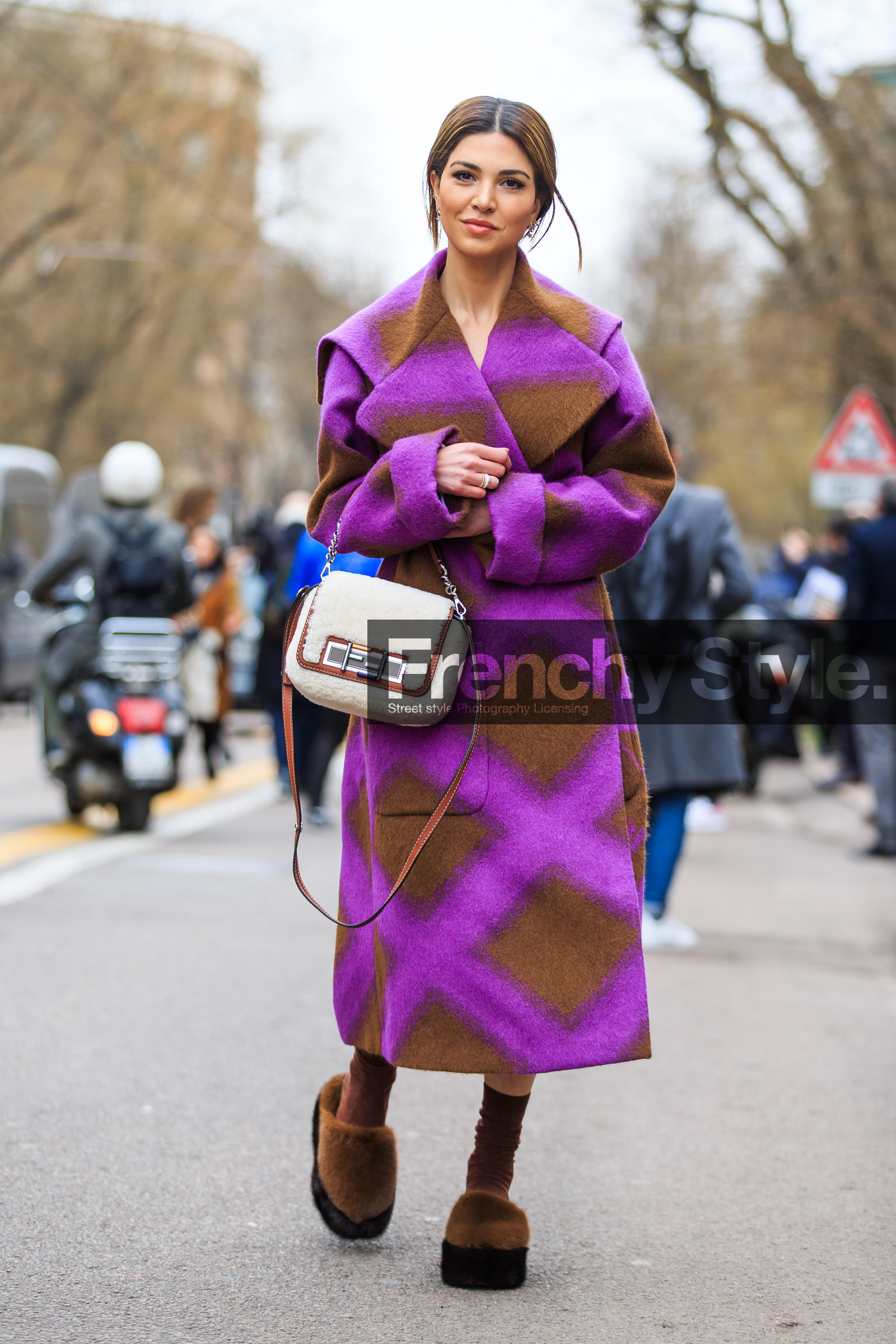 AUTUMN WINTER 2016-2017, AW 16-17, brown coat, brown fur, brown shoes, brown socks, FALL WINTER 2016-2017, fashion week, fendi, frenchystyle, full length, fur bag, fur shoes, FW, FW 16-17, geometric, graphic coat, jonathan paciullo, LFW, LONDON, MENSWEAR, negin mirsalehi, plaid, printed coat, purple coat, shearling, street style, striped coat, stripes, vertical, white fur