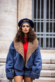 beret, blue beret, blue jacket, blue skirt, Chiara Celsi, color, jacket, lace up skirt, leather bag, mini skirt, red turtleneck, skirt, turtleneck, wool beret, wool jacket, wool skirt, fashion week, frenchystyle, FW, jonathan paciullo, street style, SPRING SUMMER 2022, SS 22, MFW, MILAN, vertical, atmosphere details