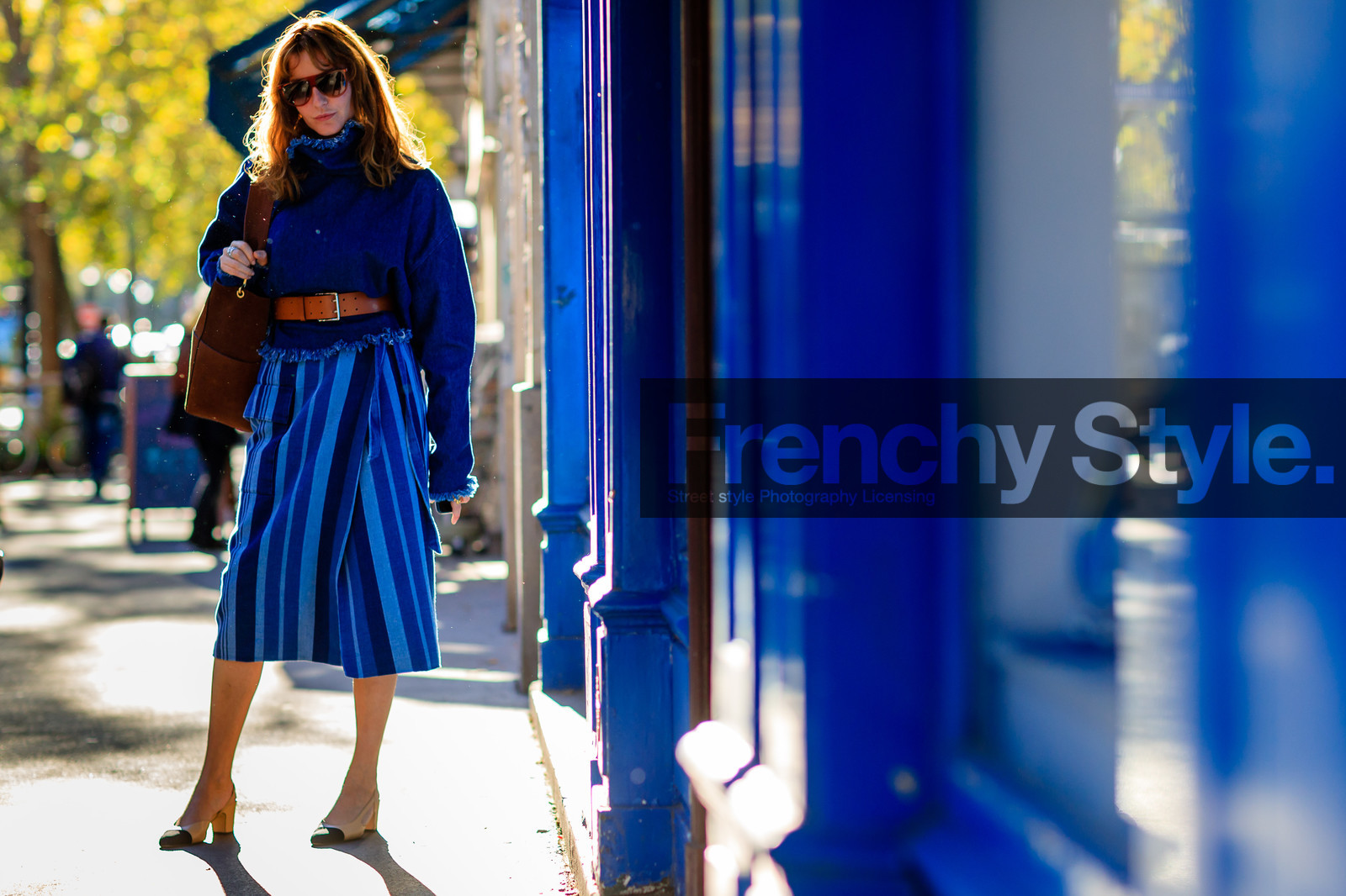 atmosphere details, beige shoes, blue denim, brown belt, chanel, denim top, ece sukan, fashion week, frenchystyle, full length, FW, geometric, graphic skirt, horizontal, jonathan paciullo, leather belt, leather shoes, PARIS, PFW, printed skirt, SPRING SUMMER 2017, SS 17, street style, striped skirt, stripes, sunglasses