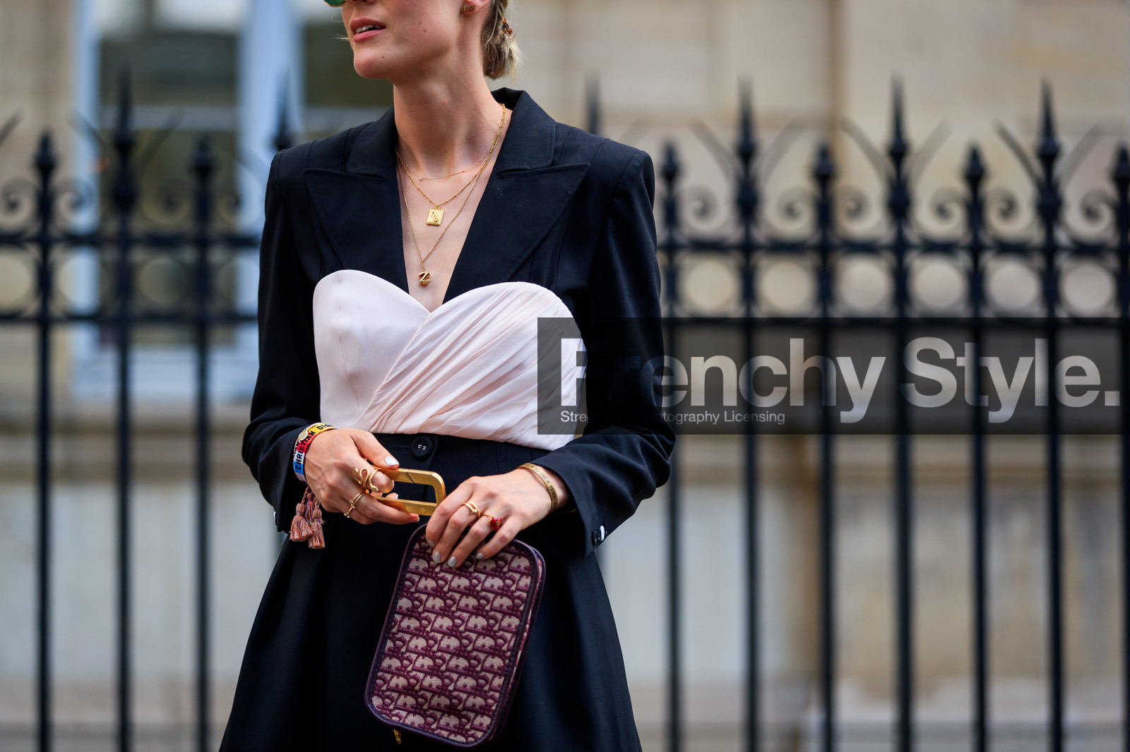 black jacket, blazer, bordeaux, burgundy, bustier top, christian dior, graphic bag, leather bag, monogram, necklace, pink top, printed bag, red bag, PFW, fashion week, frenchystyle, FW, jonathan paciullo, street style, PARIS, horizontal, atmosphere details, detail, AUTUMN WINTER 2018-2019, FALL WINTER 2018-2019, FW 18-19, sofie valkiers