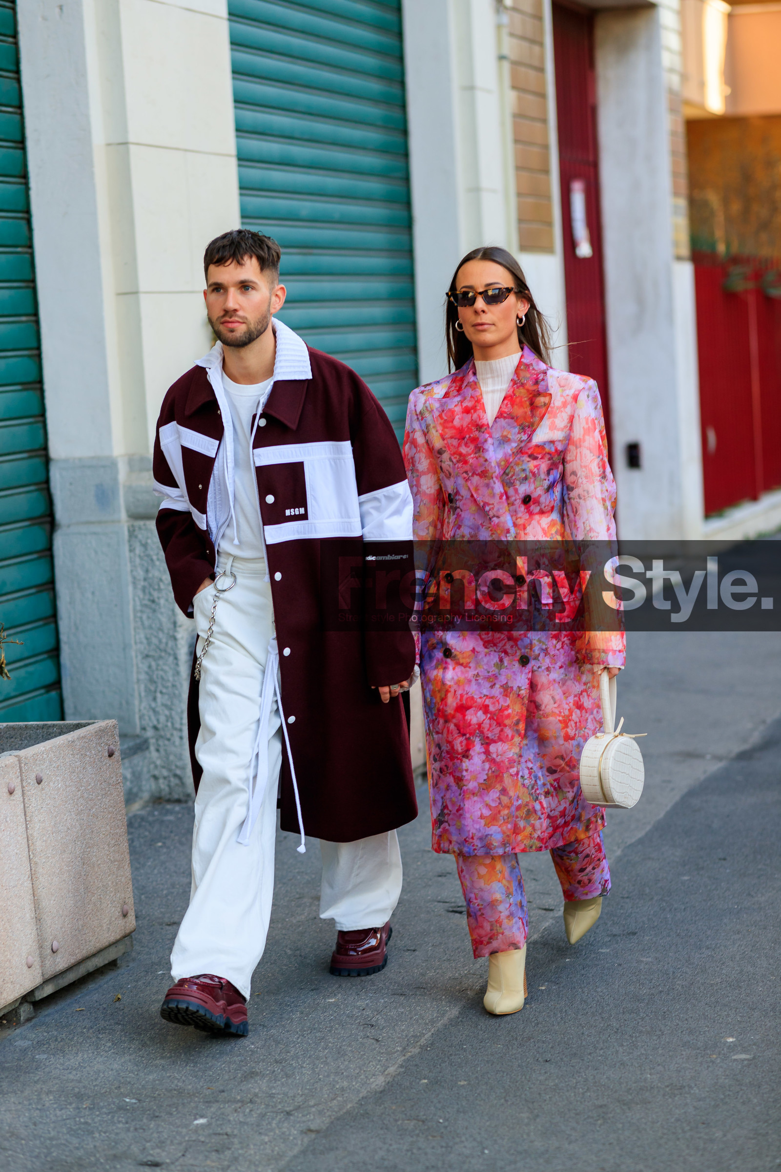 alice & j.s, beige boots, bordeaux, burgundy, denim pants, floral, flowers, graphic jacket, jeans, leather bag, leather shoes, msgm, pink coat, pink pants, printed jacket, red coat, red shoes, sunglasses, trousers, white bag, white denim, white t shirt, MILAN, MFW, fashion week, frenchystyle, FW, jonathan paciullo, street style, AUTUMN WINTER 2019-2020, AW 19-20, FALL WINTER 2019-2020, FW 19-20, vertical, full length