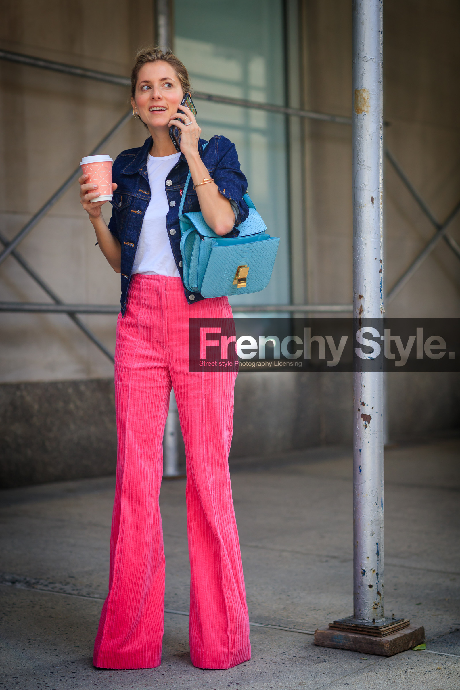blue bag, blue denim, corduroy, denim jacket, fashion week, frenchystyle, full length, FW, high waist, jonathan paciullo, leather bag, NEW YORK, NYFW, pink, pink pants, SPRING SUMMER 2018, SS 18, street style, trousers, turquoise, vertical, white t shirt