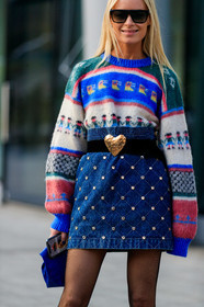 black belt, blue bag, blue denim, blue sweater, denim skirt, embroidered skirt, golden details, graphic skirt, graphic sweater, jeanette madsen, leather bag, pearls, printed skirt, printed sweater, sunglasses, fashion week, frenchystyle, FW, jonathan paciullo, street style, MFW, MILAN, AUTUMN WINTER 2019-2020, AW 19-20, FALL WINTER 2019-2020, FW 19-20, vertical, atmosphere details, detail