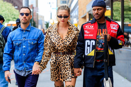 animal print, atmosphere details, black hat, black jacket, black t shirt, blue denim, brown belt, caroline vreeland, denim jacket, detail, fashion week, frenchystyle, fun sunglasses, FW, graphic jacket, high boots, horizontal, jonathan paciullo, leopard, leopard print, NEW YORK, NYFW, printed boots, printed dress, printed jacket, printed t shirt, pulled back hair, SPRING SUMMER 2018, SS 18, street style, sunglasses, trousers, watch