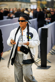 dior, christian dior, black sunglasses, braids, bomber jacket, white jacket, grey pants, grey vest, necklaces, chanel bag, mini chanel bag, fashion week, frenchystyle, FW, jonathan paciullo, street style, AUTUMN WINTER 2022-2023, FALL WINTER 2022_2023, FW 22-23, PFW, PARIS, vertical, detail