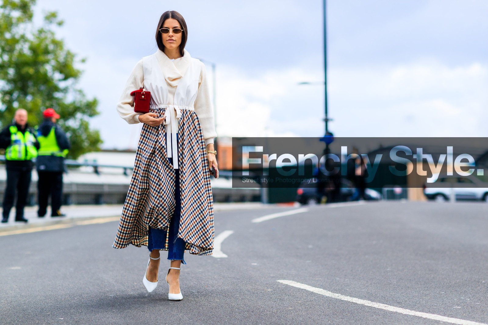 atmosphere details, blue denim, checked dress, denim pants, fashion week, frenchystyle, full length, FW, gingham, graphic dress, high heels, horizontal, jeans, jonathan paciullo, leather bag, leather shoes, LFW, LONDON, plaid, printed dress, red bag, SPRING SUMMER 2018, SS 18, street style, trousers, white dress