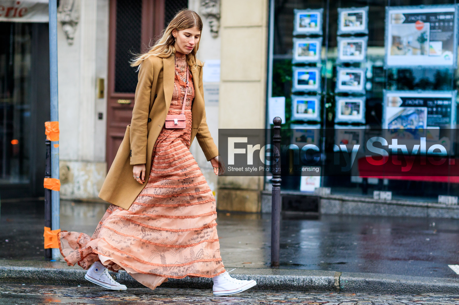 atmosphere details, AUTUMN WINTER 2017-2018, AW 17-18, camel coat, cone, converse, embroidered dress, FALL WINTER 2017-2018, fashion week, frenchystyle, full length, FW, FW 17-18, horizontal, jonathan paciullo, leather bag, leather shoes, mini bag, PARIS, PFW, pink dress, ruffles, silk dress, street style, veronika heilbrunner, white sneakers