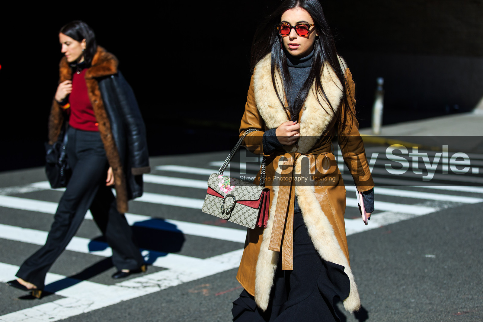 atmosphere details, AUTUMN WINTER 2016-2017, AW 16-17, belted coat, black skirt, brown coat, camel coat, detail, fashion week, frenchystyle, fur collar, FW, FW 16-17, grey turtleneck, gucci, horizontal, jonathan paciullo, leather coat, monogram, NEW YORK, NYFW, printed bag, street style, sunglasses, white fur, woman