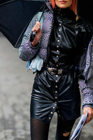 model, button dress, mini dress, black leather belt, black leather dress, black coat, white coat, geometrical printed coat, cowboy belt, down jacket, cropped coat, black tights, belted dress, fashion week, frenchystyle, FW, jonathan paciullo, street style, NYFW, NEW YORK, AUTUMN WINTER 2020-2021, FALL WINTER 2020-2021, FW 20-21, vertical, atmosphere details, detail
