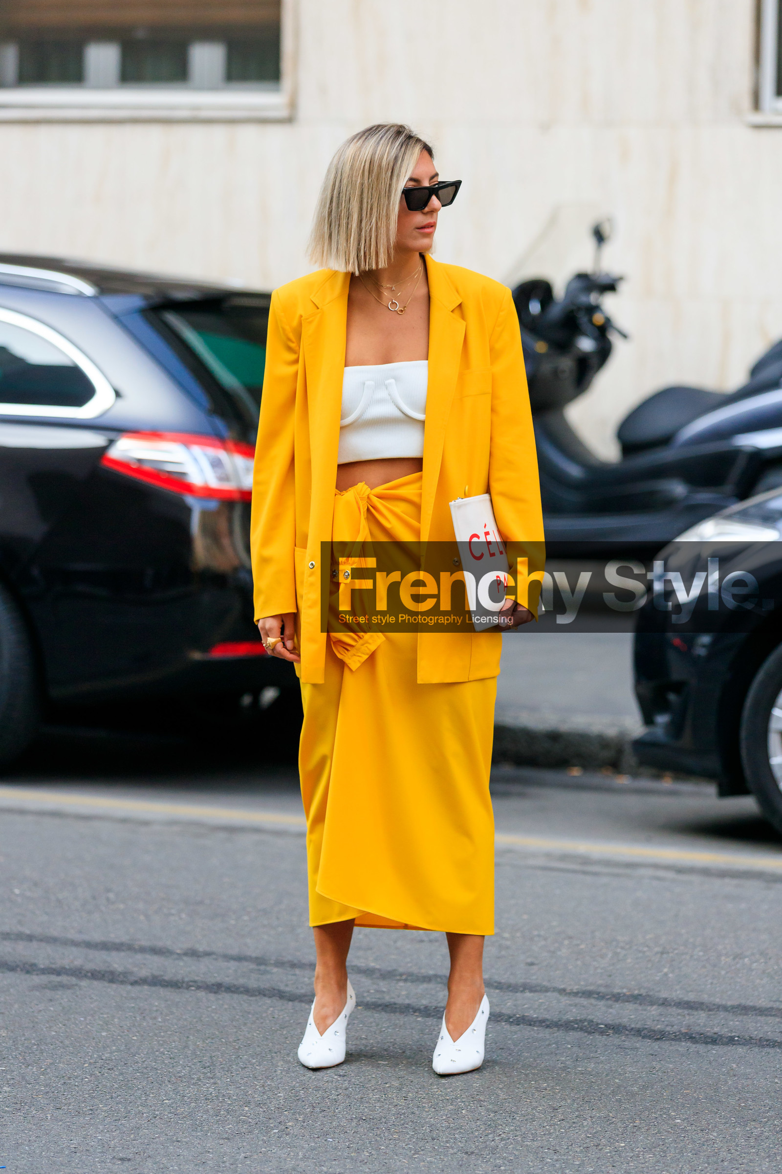 blazer, crop top, céline, high heels, leather shoes, orseund iris, sunglasses, white bag, white shoes, white top, yellow jacket, yellow skirt, street style, jonathan paciullo, FW, frenchystyle, fashion week, MFW, MILAN, AUTUMN WINTER 2019-2020, AW 19-20, FALL WINTER 2019-2020, FW 19-20, vertical, full length