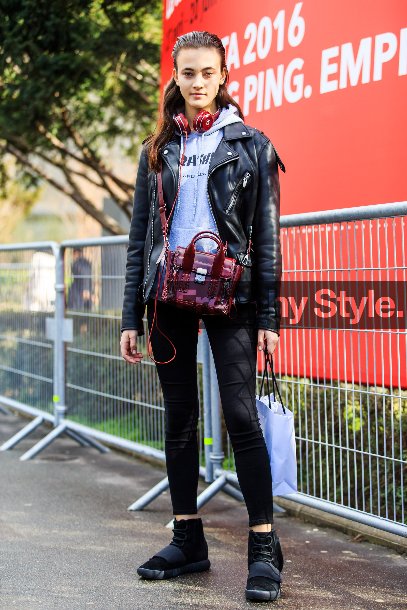 AUTUMN WINTER 2016-2017, AW 16-17, black denim, black jacket, black perfecto, black sneakers, denim pants, FALL WINTER 2016-2017, fashion week, frenchystyle, full length, FW, FW 16-17, grey sweater, headphones, hoodie, jeans, jonathan paciullo, leather bag, leather jacket, leather perfecto, model, nike, PARIS, PFW, pulled back hair, red bag, street style, the kooples, trasher, trousers, vertical, wet hair