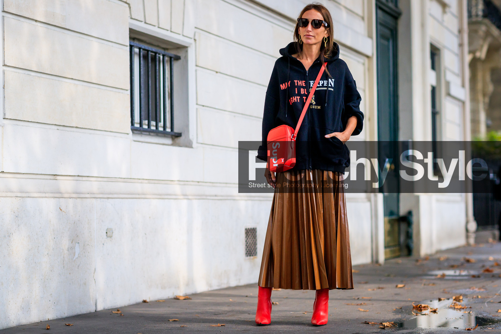 atmosphere details, black sweater, brown skirt, fashion week, frenchystyle, full length, FW, graphic bag, high heels, hoodie, horizontal, jonathan paciullo, leather bag, leather shoes, leather skirt, louis vuitton, PARIS, PFW, pleated skirt, printed bag, printed sweater, red bag, red shoes, SPRING SUMMER 2018, SS 18, street style, sunglasses, supreme