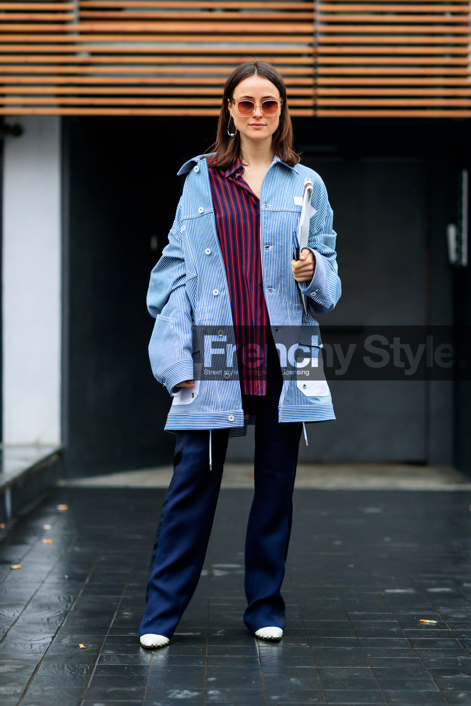 AUTUMN WINTER 2017-2018, AW 17-18, blue jacket, earrings, FALL WINTER 2017-2018, fashion week, frenchystyle, full length, FW, FW 17-18, jonathan paciullo, leather shoes, lena lademann, MFW, MILAN, navy pants, printed jacket, printed shirt, red shirt, street style, striped jacket, striped shirt, stripes, sunglasses, trousers, vertical, white boots, white clutch
