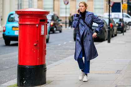 black sweater, blue coat, blue denim, checked, converse, denim pants, graphic jacket, jeans, leather shoes, plaid, printed jacket, trousers, white sneakers, street style, jonathan paciullo, FW, frenchystyle, fashion week, LFW, LONDON, AUTUMN WINTER 2019-2020, AW 19-20, FW 19-20, FALL WINTER 2019-2020, horizontal, atmosphere details, full length