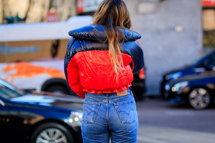 atmosphere details, AUTUMN WINTER 2017-2018, AW 17-18, back detail, blue denim, denim pants, detail, FALL WINTER 2017-2018, fashion week, frenchystyle, FW, FW 17-18, graphic jacket, horizontal, jeans, jonathan paciullo, MFW, MILAN, printed jacket, red jacket, street style, trousers