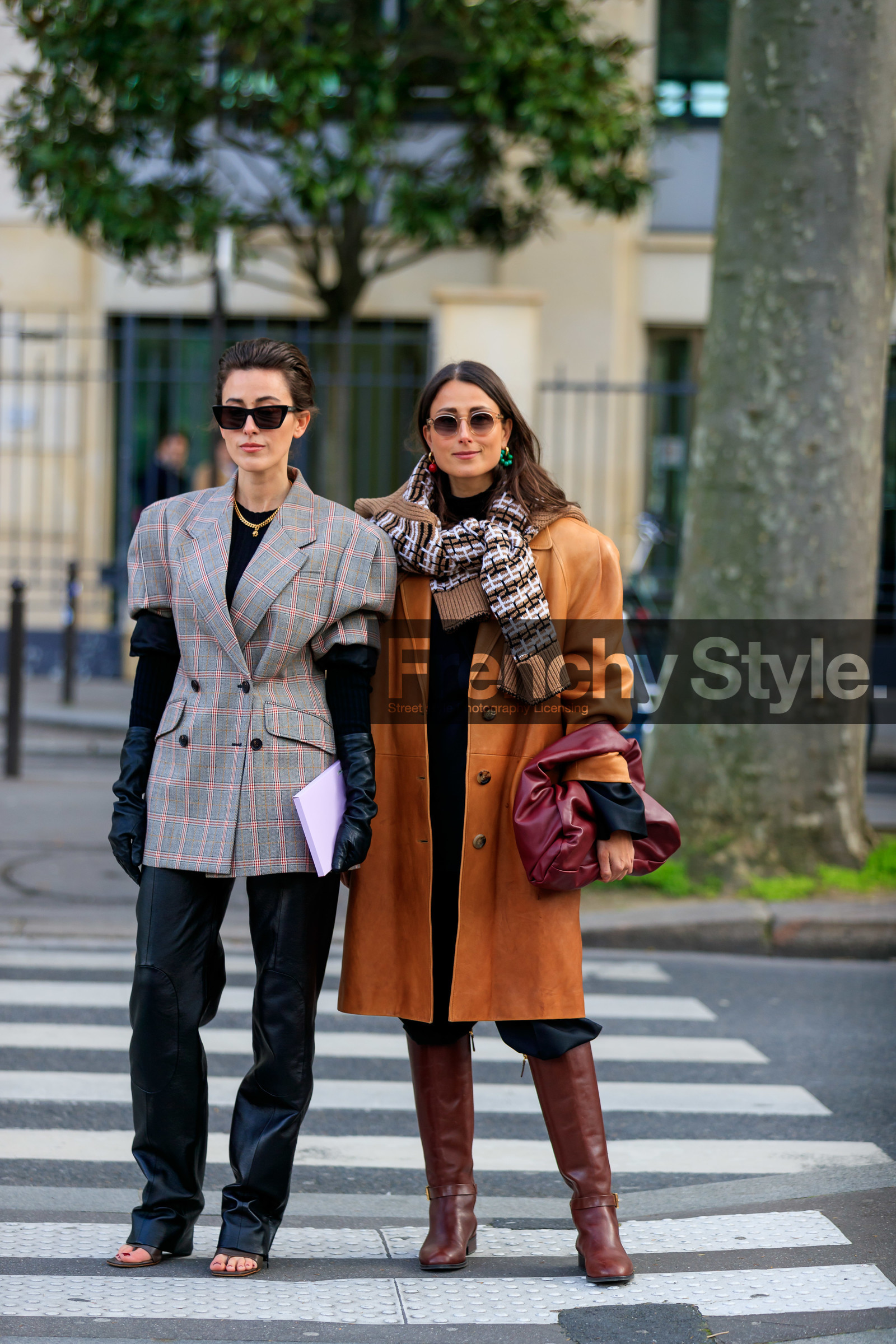 sylvia haghjoo, julia haghjoo, camel leather jacket, burgundy leather bag, round shape bag, bottega veneta bag, round shape sunglasses, sheer sunglasses, beige pullover, beige scarf, checked scarf, checked pullover, white pullover, white scarf, black pullover, black scarf, woolen scarf, green earrings, red earring, round shape earrings, different earrings, grey jacket, red jacket, black leather pants, black leather gloves, short sleeves jacket, oversize shoulder, miu miu jacket, checked jacket, plaid jacket, black sunglasses, butterfly sunglasses, saint laurent sunglasses, golden necklace, charms necklace, fashion week, frenchystyle, FW, jonathan paciullo, street style, PFW, PARIS, vertical, full length