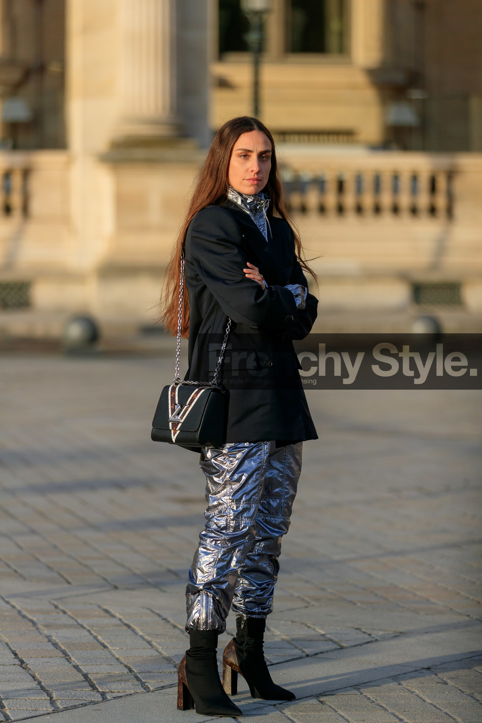 black bag, black jacket, black shoes, blazer, camila coelho, graphic bag, high heels, leather bag, leather shoes, louis vuitton, printed bag, shiny pants, silver pants, PARIS, PFW, street style, jonathan paciullo, FW, frenchystyle, fashion week, AUTUMN WINTER 2019-2020, AW 19-20, FALL WINTER 2019-2020, FW 19-20, vertical, full length