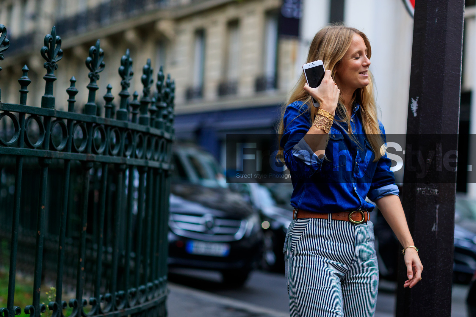 atmosphere details, blue denim, brown belt, denim shirt, detail, fashion week, frenchystyle, FW, graphic pants, horizontal, jonathan paciullo, long hair, PARIS, PFW, printed pants, SPRING SUMMER 2018, SS 18, street style, striped pants, trousers, jennifer neyt