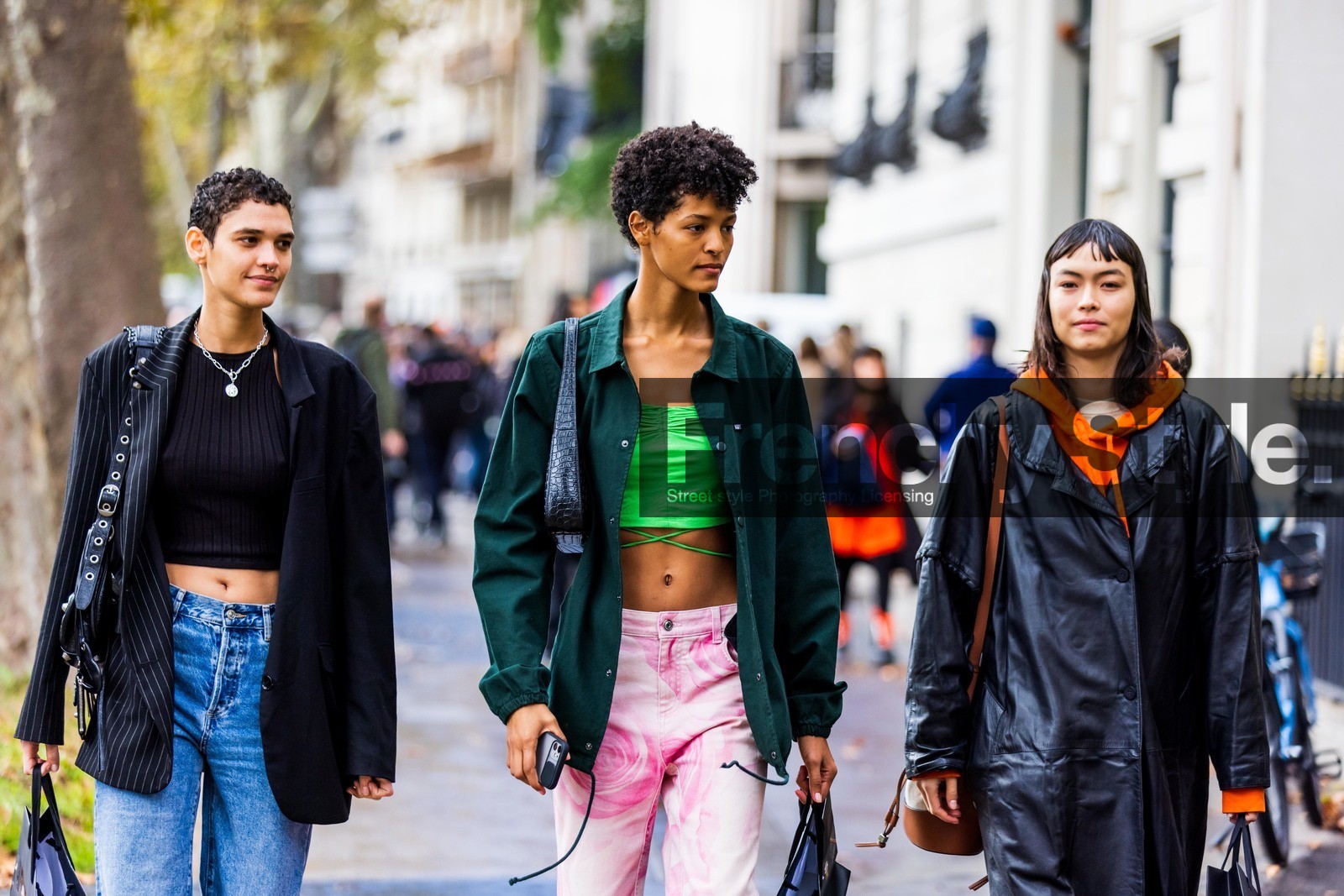 bag, balenciaga bag, black bag, black blazer, black coat, black crop top, blazer, blue denim, coat, croco bag, crop top, denim pants, floral print, flower, flower print, fluo green top, green crop top, green shirt, hoddie, orange hoddie, pants, pink pants, printed pants, shirt, striped blazer, stripes, street style, jonathan paciullo, FW, frenchystyle, fashion week, PFW, PARIS, SPRING SUMMER 2022, SS 22, horizontal, atmosphere details, model